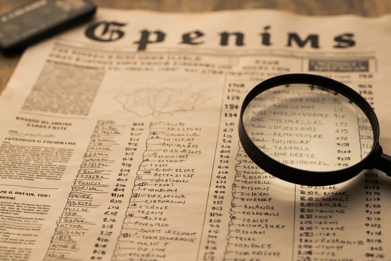26 Famous Mark Twain Quotes (And the Ones He Never Actually Said) 11 Old-fashioned newspaper front page with a magnifying glass over a column of numbers and charts