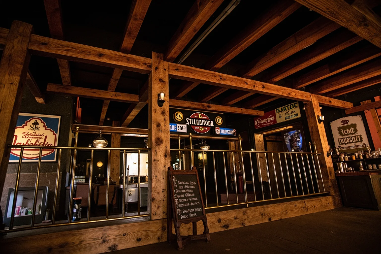 Old-fashioned Philadelphia alehouse interior with wooden beams, brass rails, and vintage beer signage