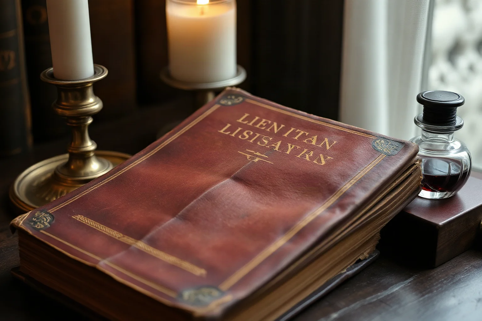 Old leather-bound 19th-century novel on a wooden desk beside a candle and inkwell