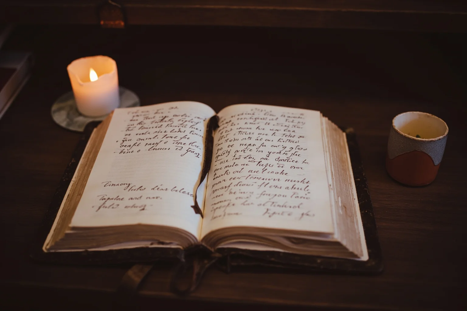 Proof of Time Travel? 20 Famous Photos, Notes, and Stories Fact-Checked 21 Old leather-bound book of handwritten prophetic verses open on a wooden desk with a candle