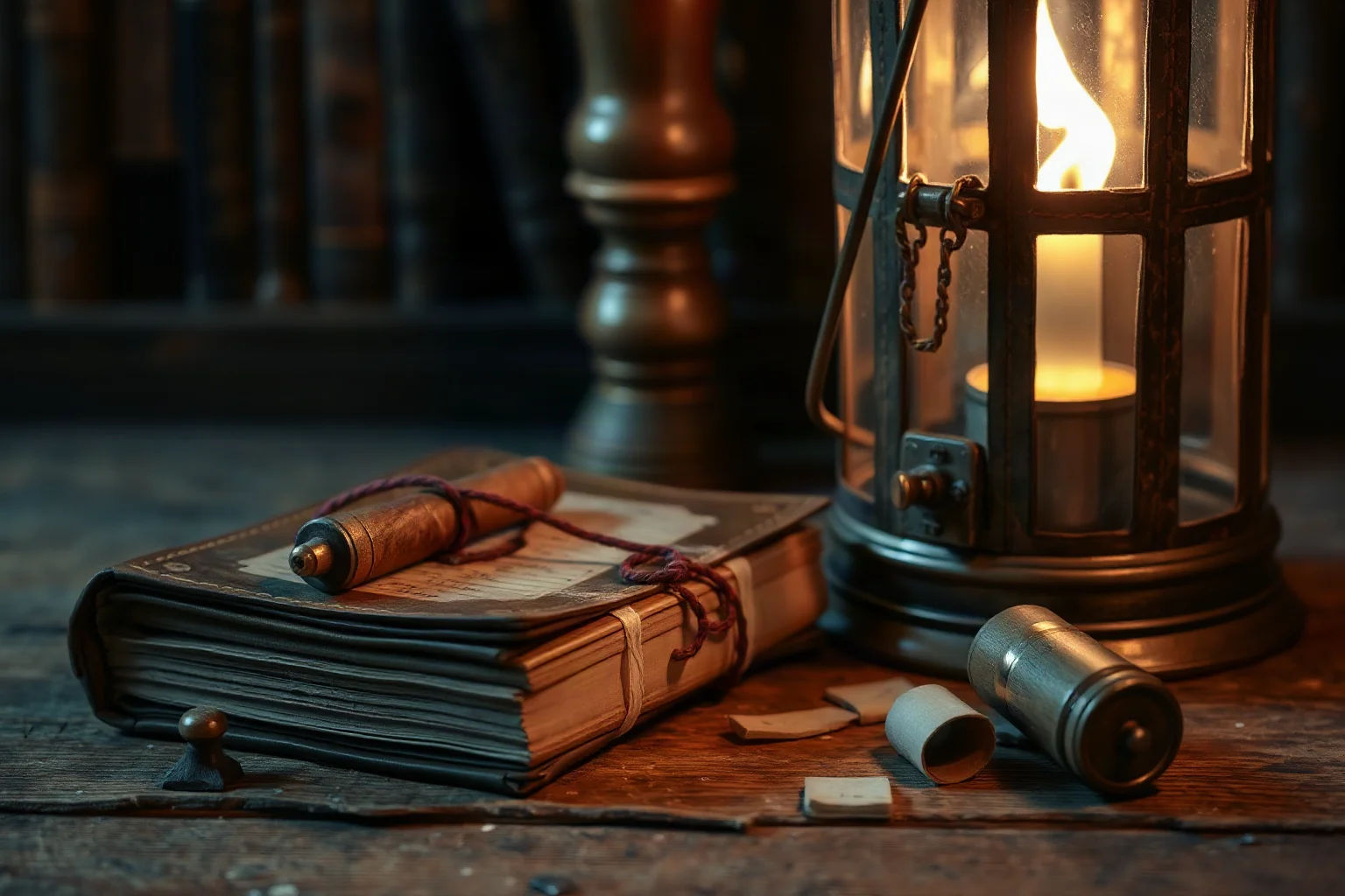 Old leather-bound ship's logbook with quill pen and ink, lit by a lantern