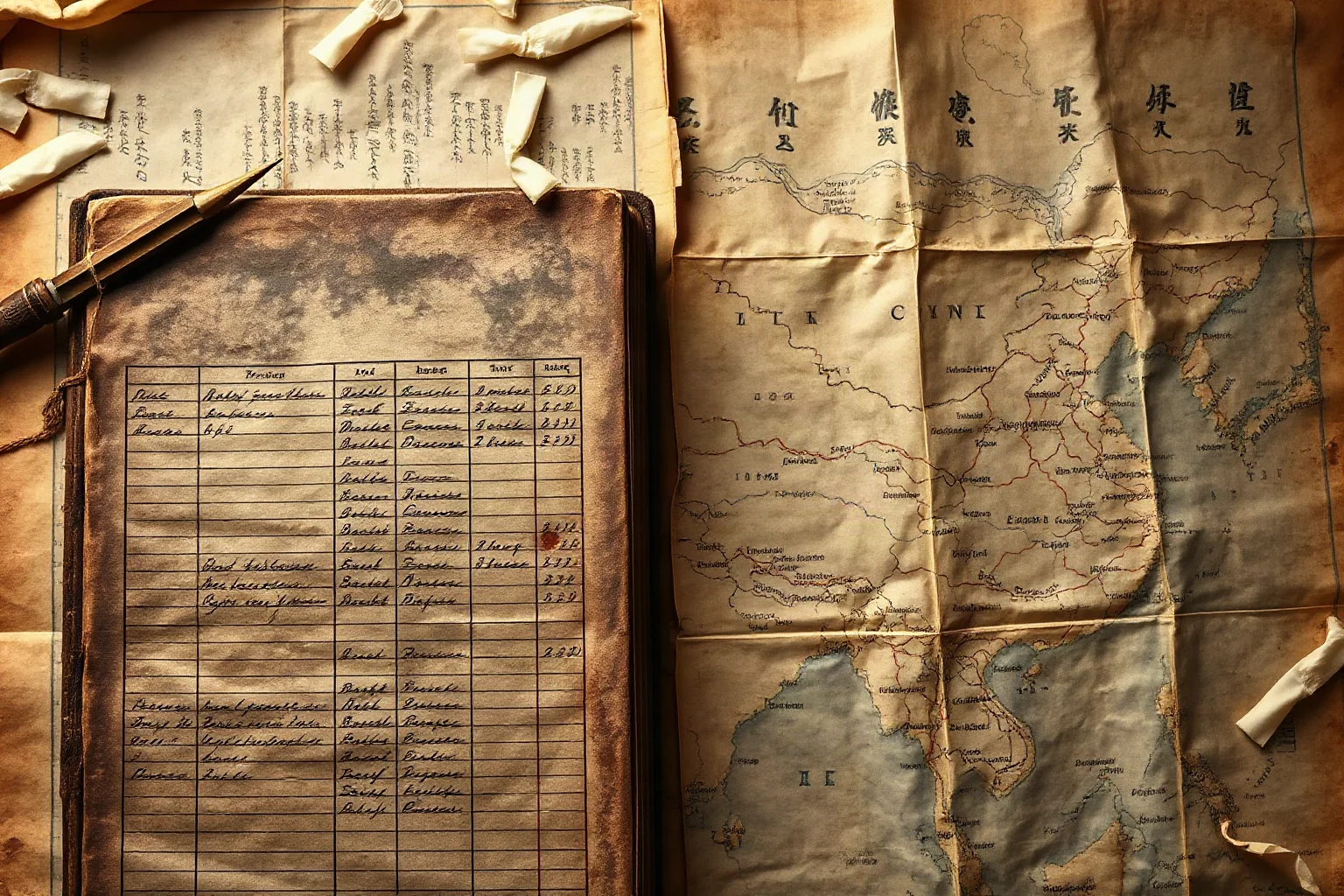 Old ledger or tally book beside a faded historical map of China, symbolizing uncertain death counts