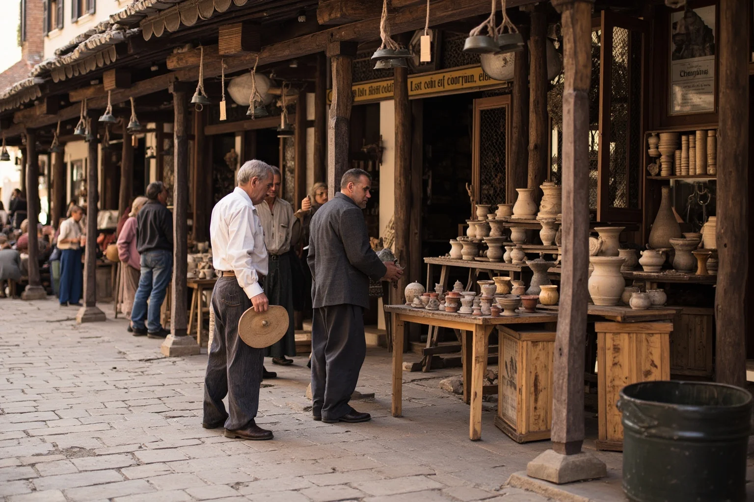 Old marketplace scene with merchants and buyers examining pottery and goods at wooden stalls, historical European village