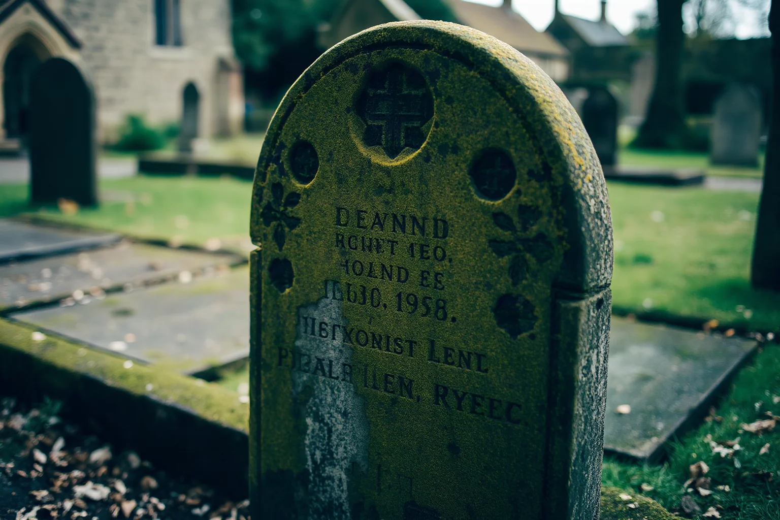 Old moss-covered gravestone in a quiet churchyard, weathered and partially illegible carving