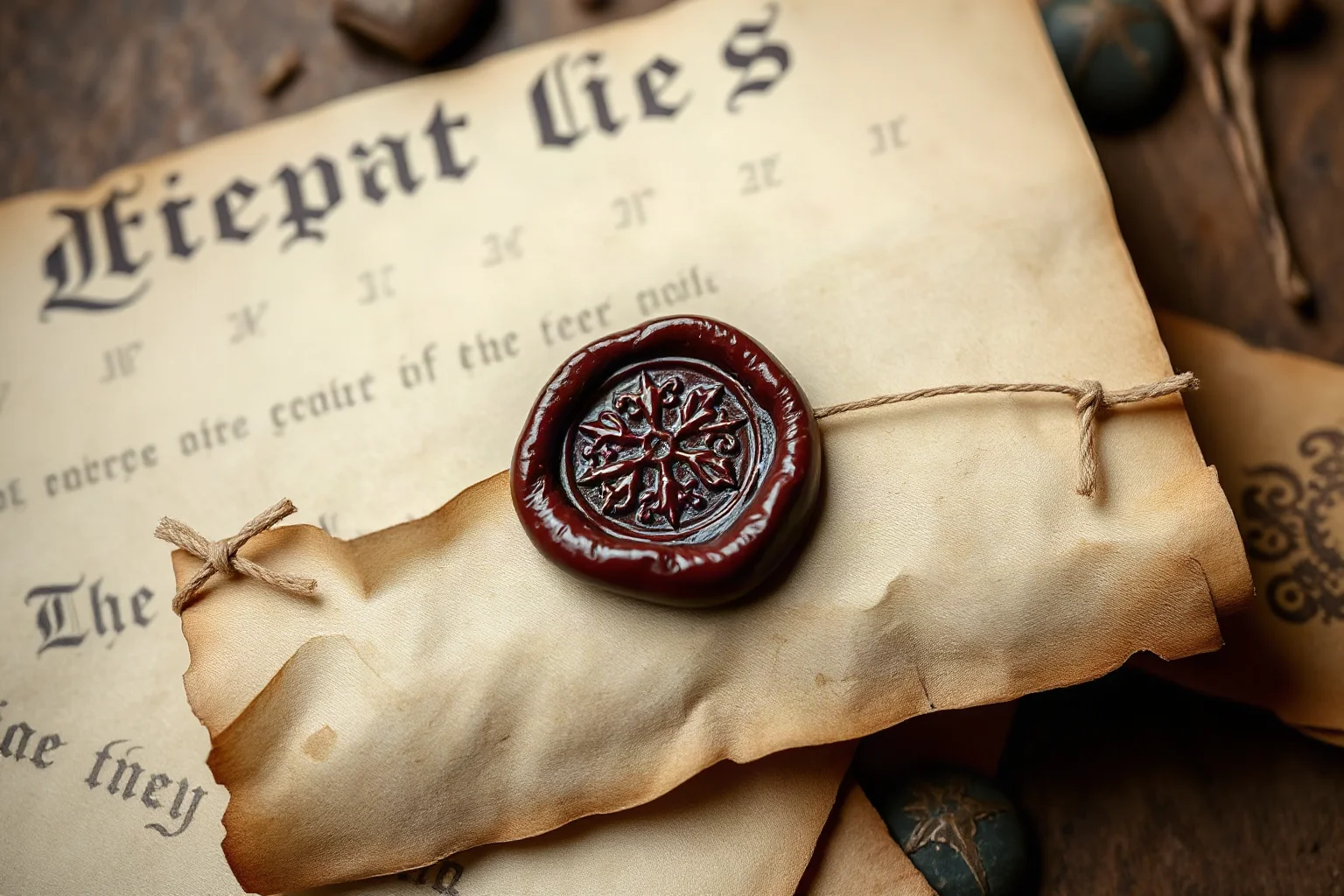 Old parchment court record scroll with wax seal, medieval English legal document aesthetic