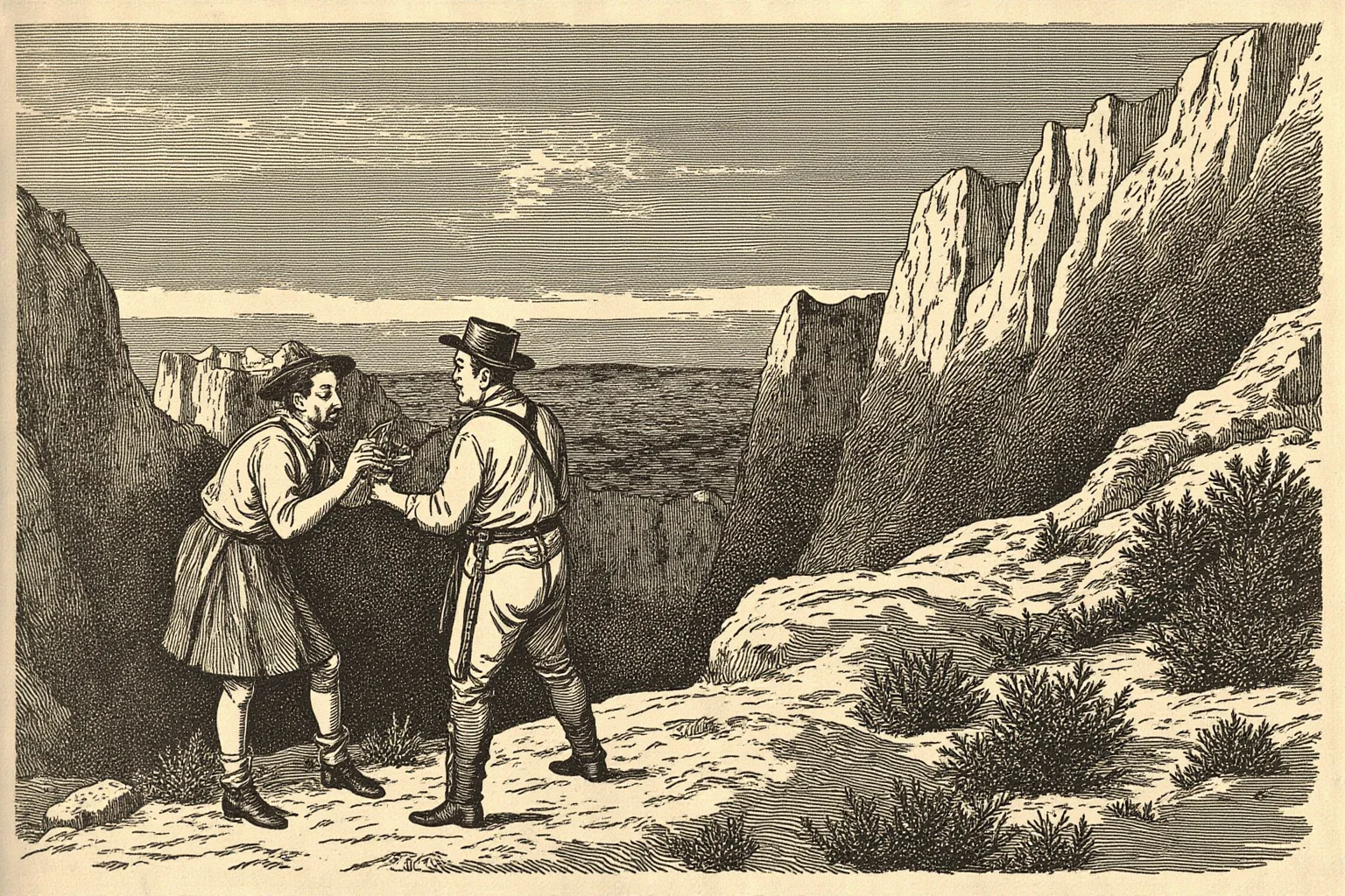 Old prospectors examining glittering rocks in a rugged desert canyon, 19th-century illustration style