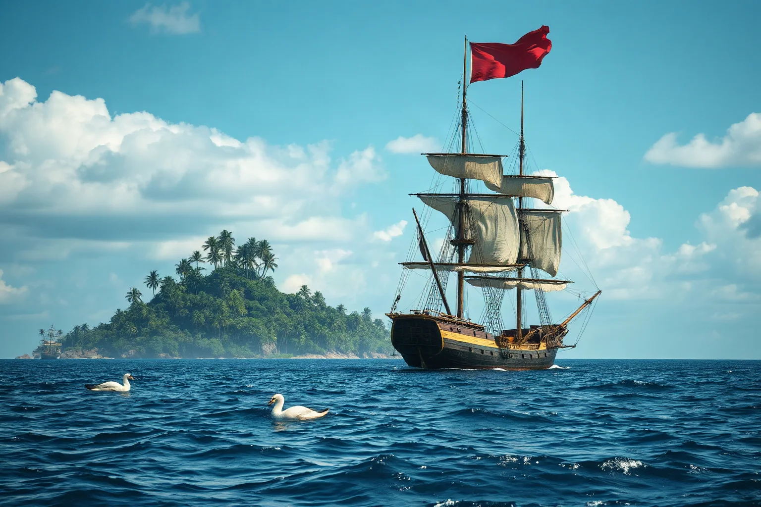 Old sailing ship approaching an overgrown, undeveloped tropical coastline under a fictional flag