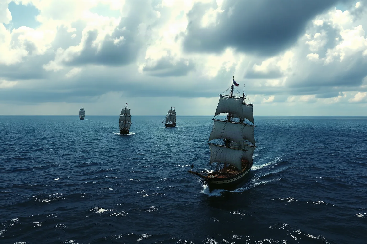 Old sailing ships crossing a vast ocean under dramatic clouds