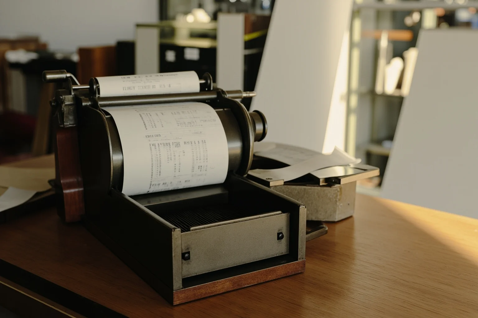 Inventors Who Stole Genius Ideas And Got All Glory 19 Old stock ticker tape machine printing paper ribbon on a wooden desk, vintage office setting