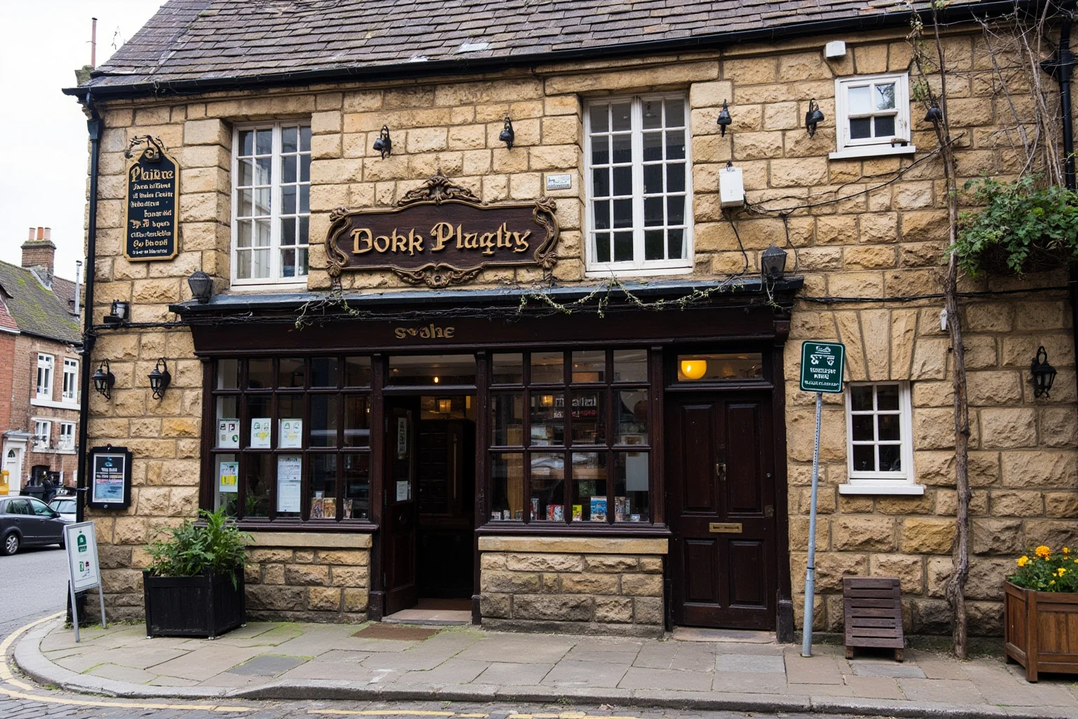 Old stone English pub with a carved wooden sign and small leaded windows on a cobbled northern England street