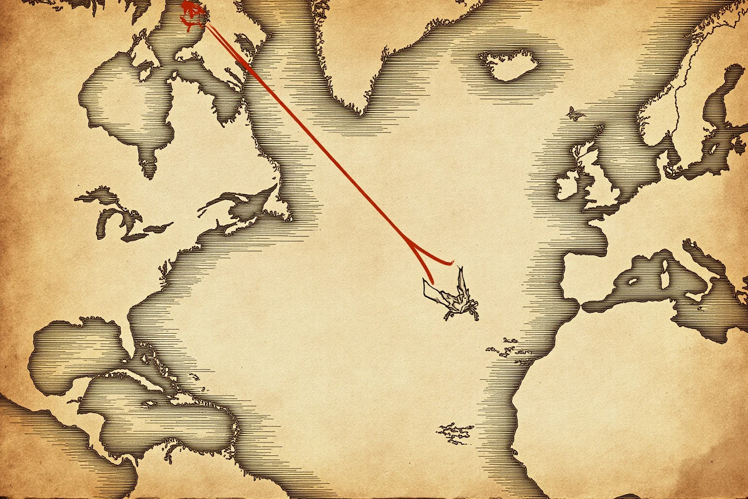 Old-style map illustration showing a line dividing an ocean and unexplored continents between two colonial powers, parchment texture