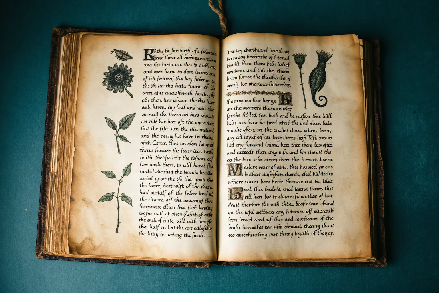 Old vellum manuscript page filled with unknown script and strange botanical illustrations