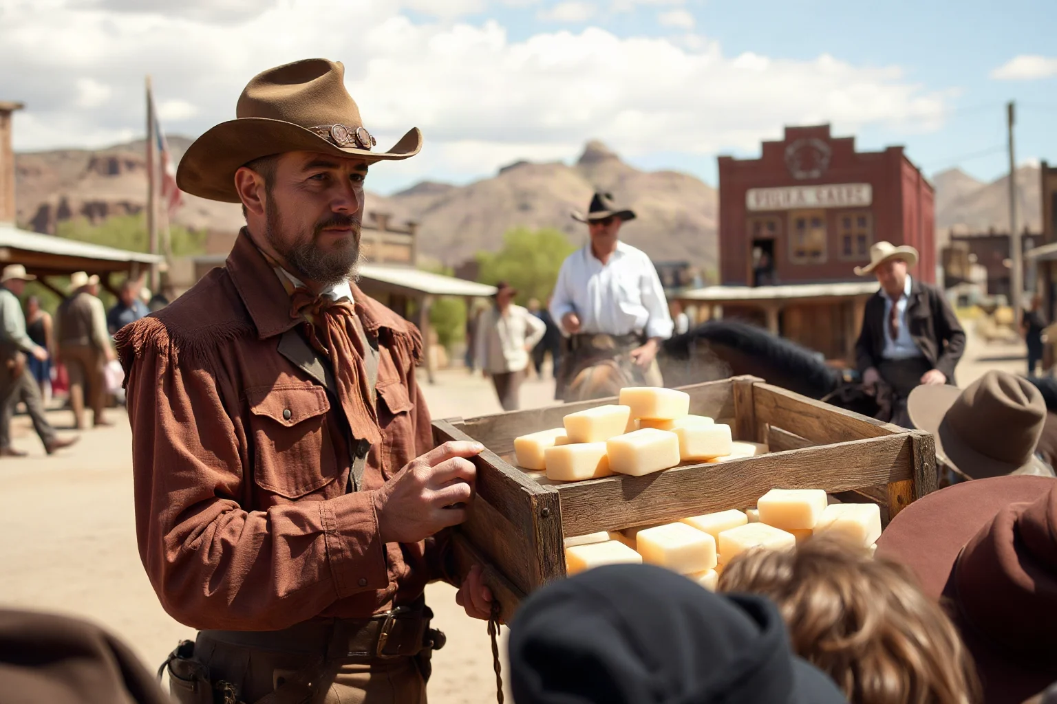 Old West conman in a dusty frontier town selling bars of soap from a wooden crate to a crowd