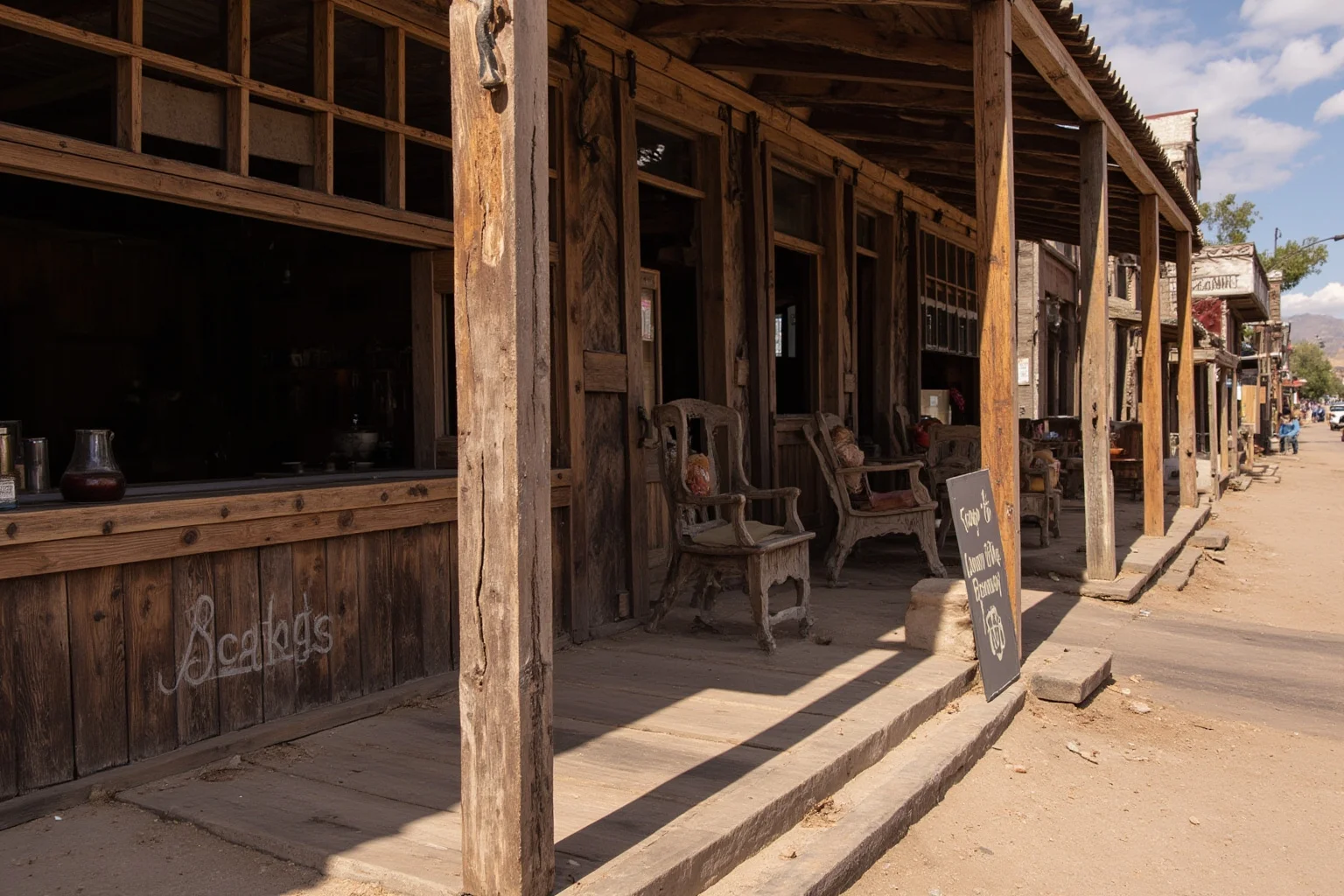 Old Western saloon facade on a dusty frontier street with a carved wooden bar visible through the window
