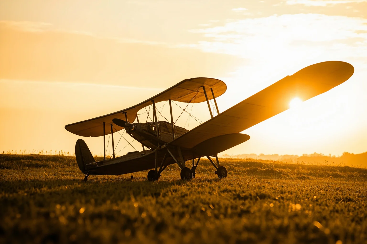 Inventors Who Stole Genius Ideas And Got All Glory 13 Old wooden biplane with fabric wings sitting on a grassy field at sunrise, vintage illustration