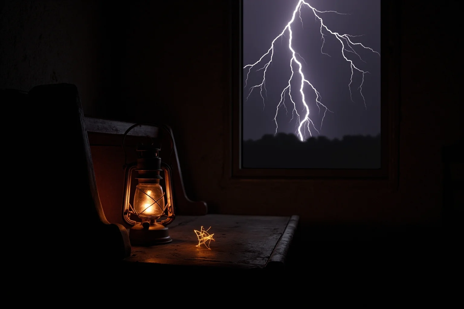 26 Famous Mark Twain Quotes (And the Ones He Never Actually Said) 5 Old writing desk with lantern light, a firefly glowing beside a bolt of lightning outside the window