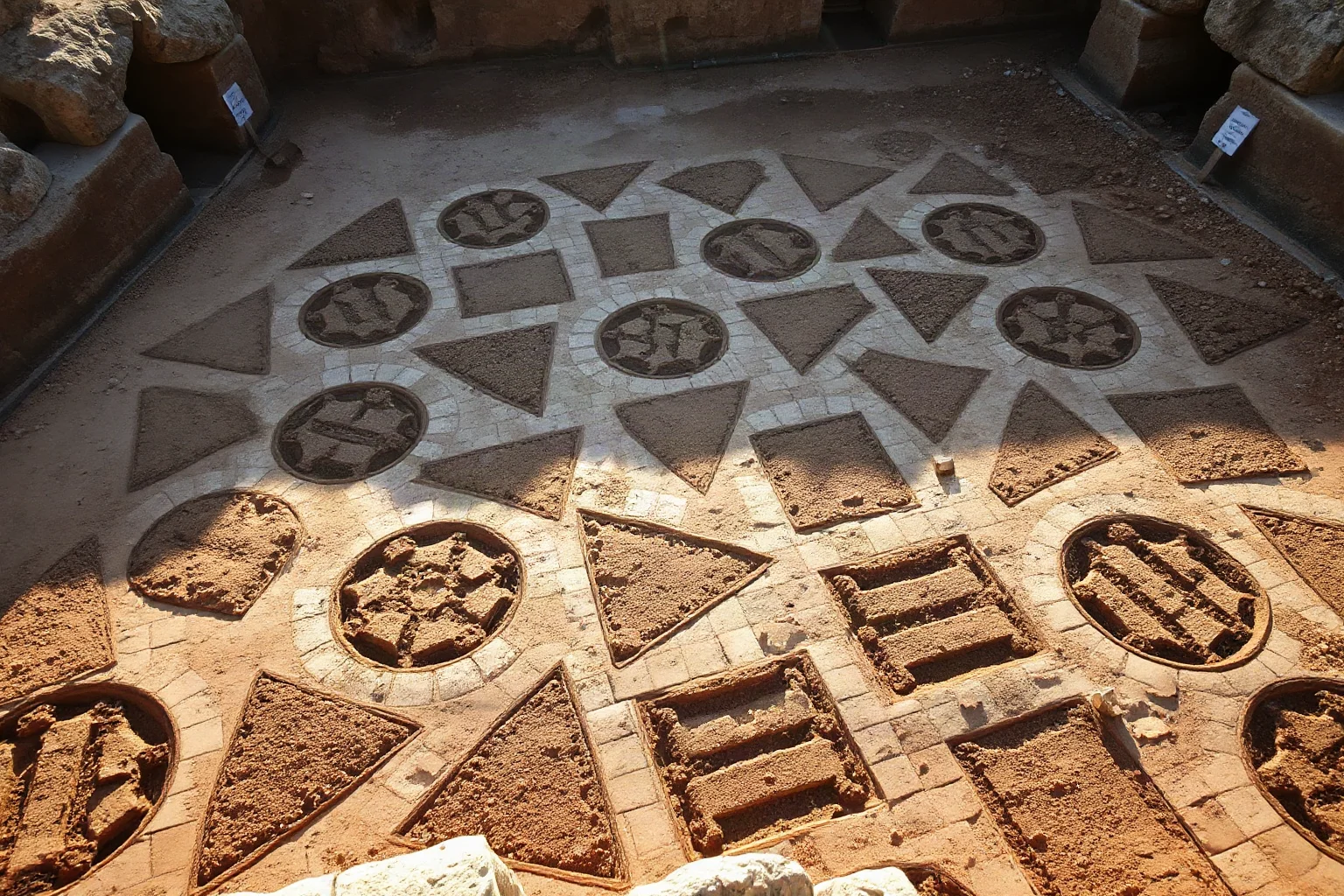 Faded ancient mosaic floor inside a Roman-era excavation site, with archaeological dig markers, warm sunlight, historical documentary style