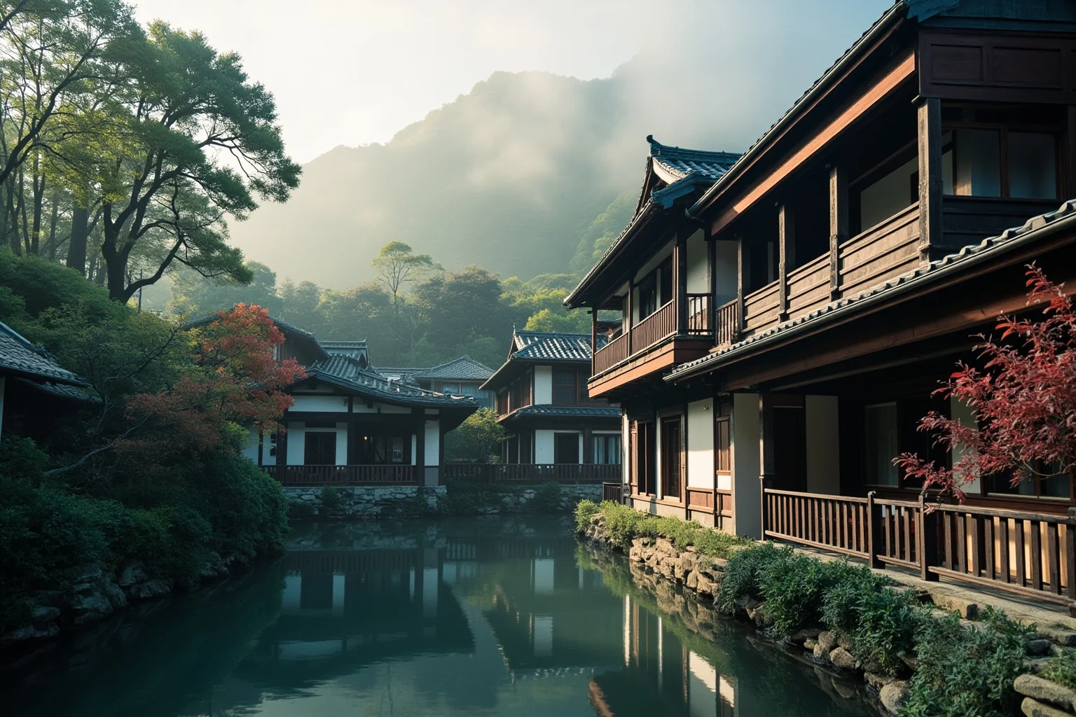 Traditional Japanese wooden ryokan nestled among misty mountains beside a natural hot spring, historic architecture, early morning light