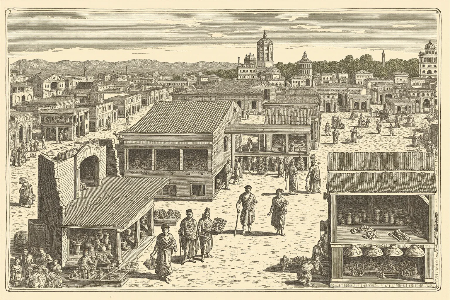 Illustration of the ancient Athenian Agora marketplace with stone stoas, market stalls, and togate figures trading goods