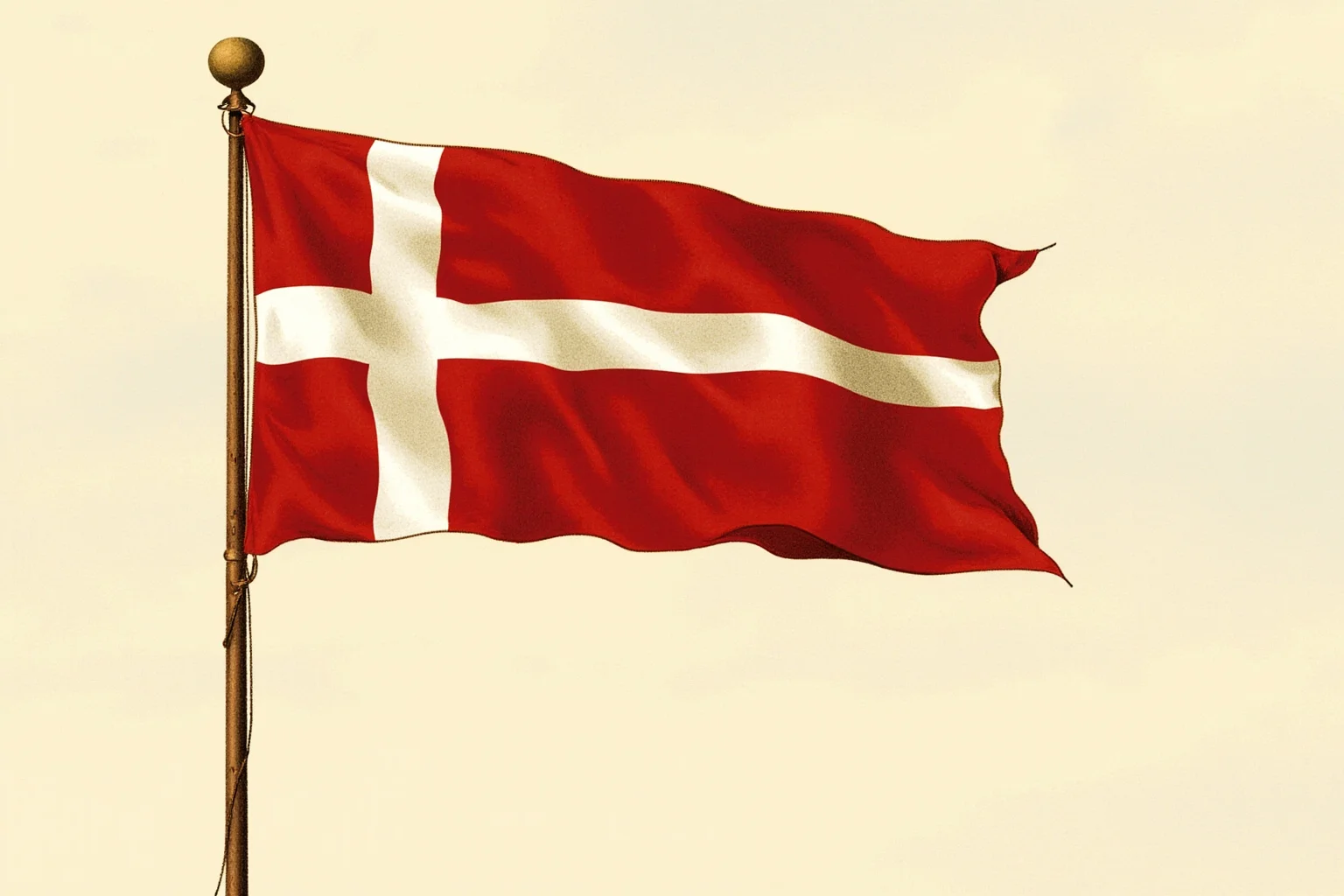 The Danish Dannebrog flag, red field with white Scandinavian cross, waving against a soft sky, historical illustration style