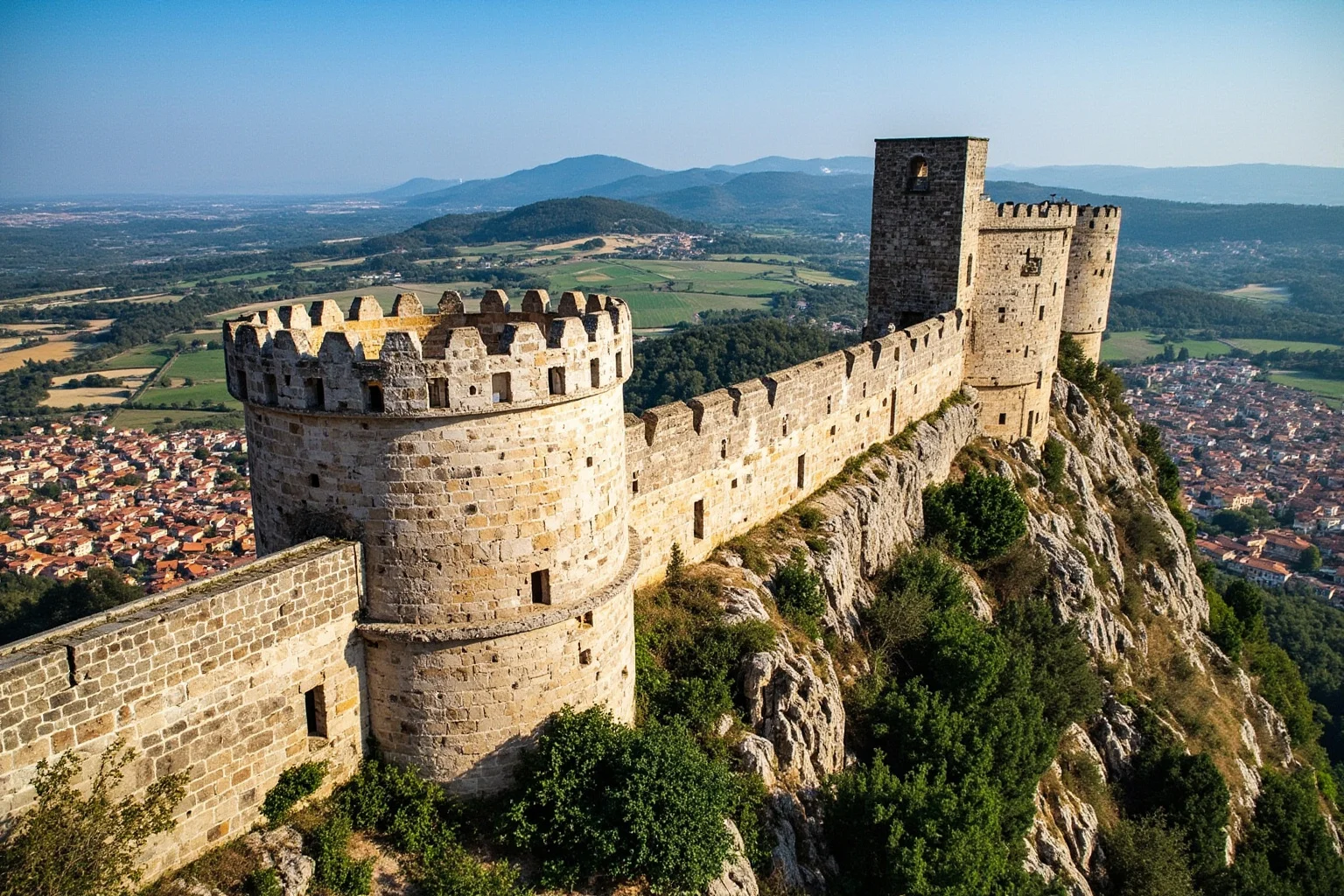 Aerial view of San Marino's hilltop fortress towers overlooking a small medieval republic in the Italian countryside
