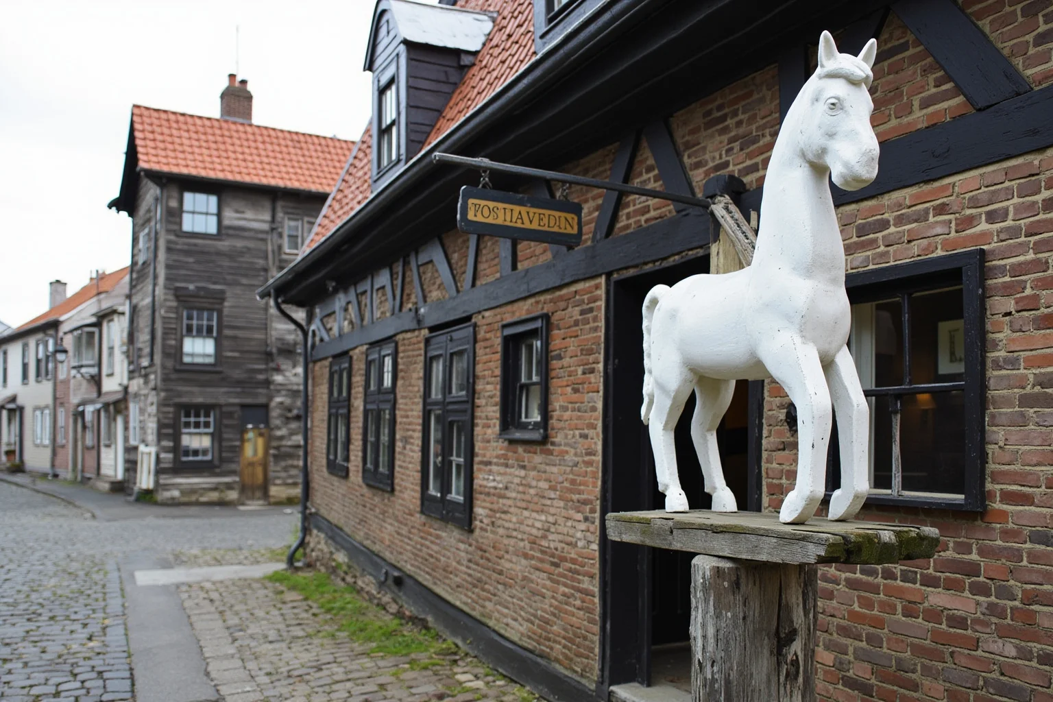 Exterior of a weathered 17th-century colonial tavern with a wooden signpost shaped like a white horse, cobblestone street, New England architecture