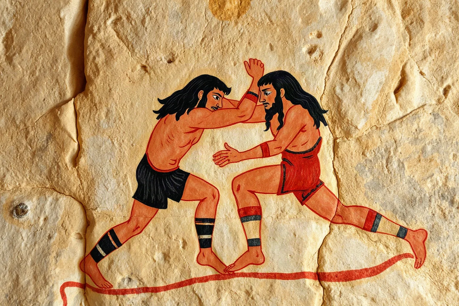 Ancient-style cave painting illustration of two wrestlers grappling, ochre and charcoal tones on a stone wall