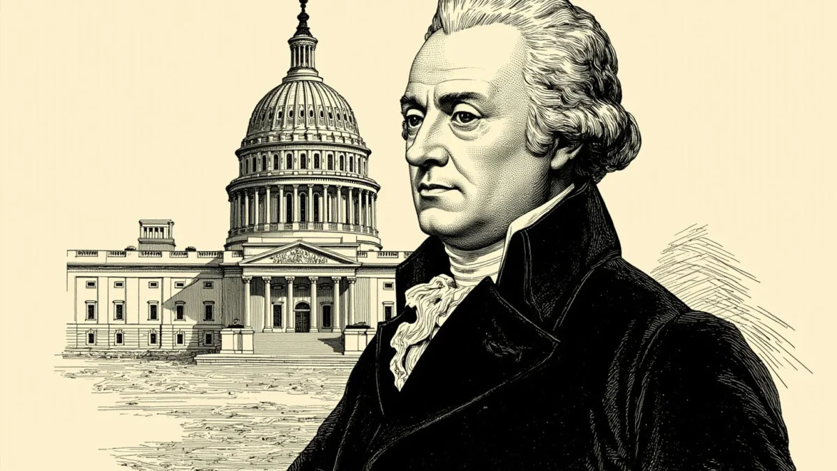 Editorial illustration of a stern 18th-century American statesman in a black coat and powdered wig, standing before an early, unfinished version of the US Capitol.