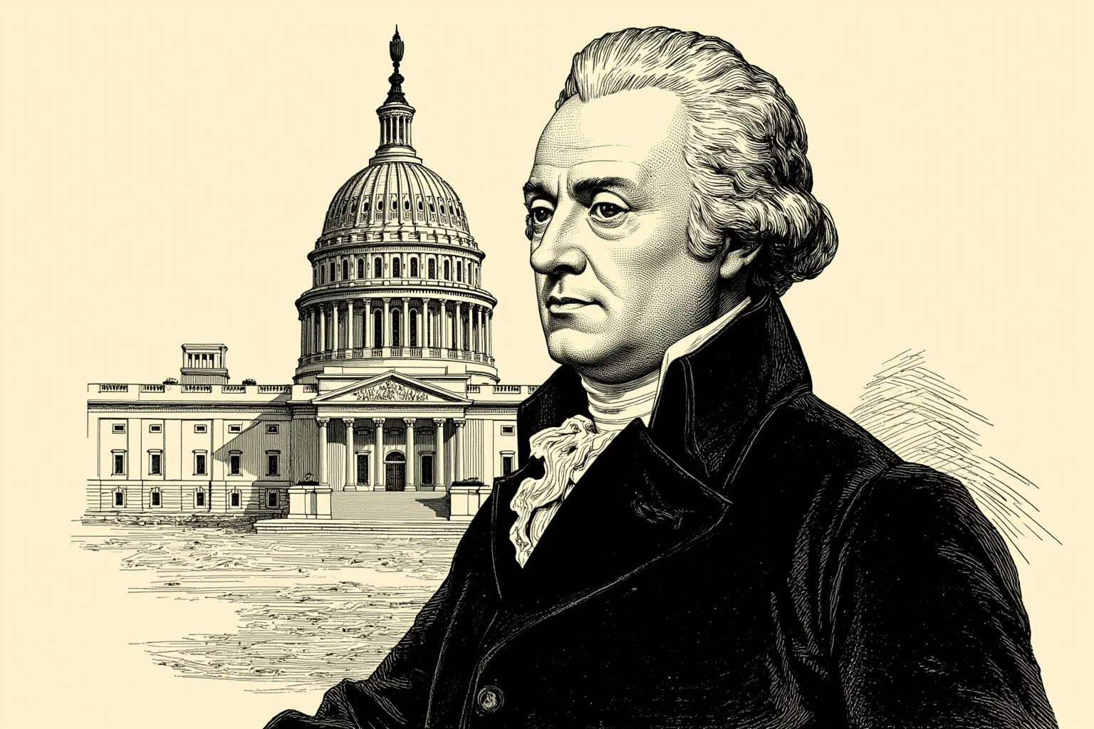 Editorial illustration of a stern 18th-century American statesman in a black coat and powdered wig, standing before an early, unfinished version of the US Capitol.