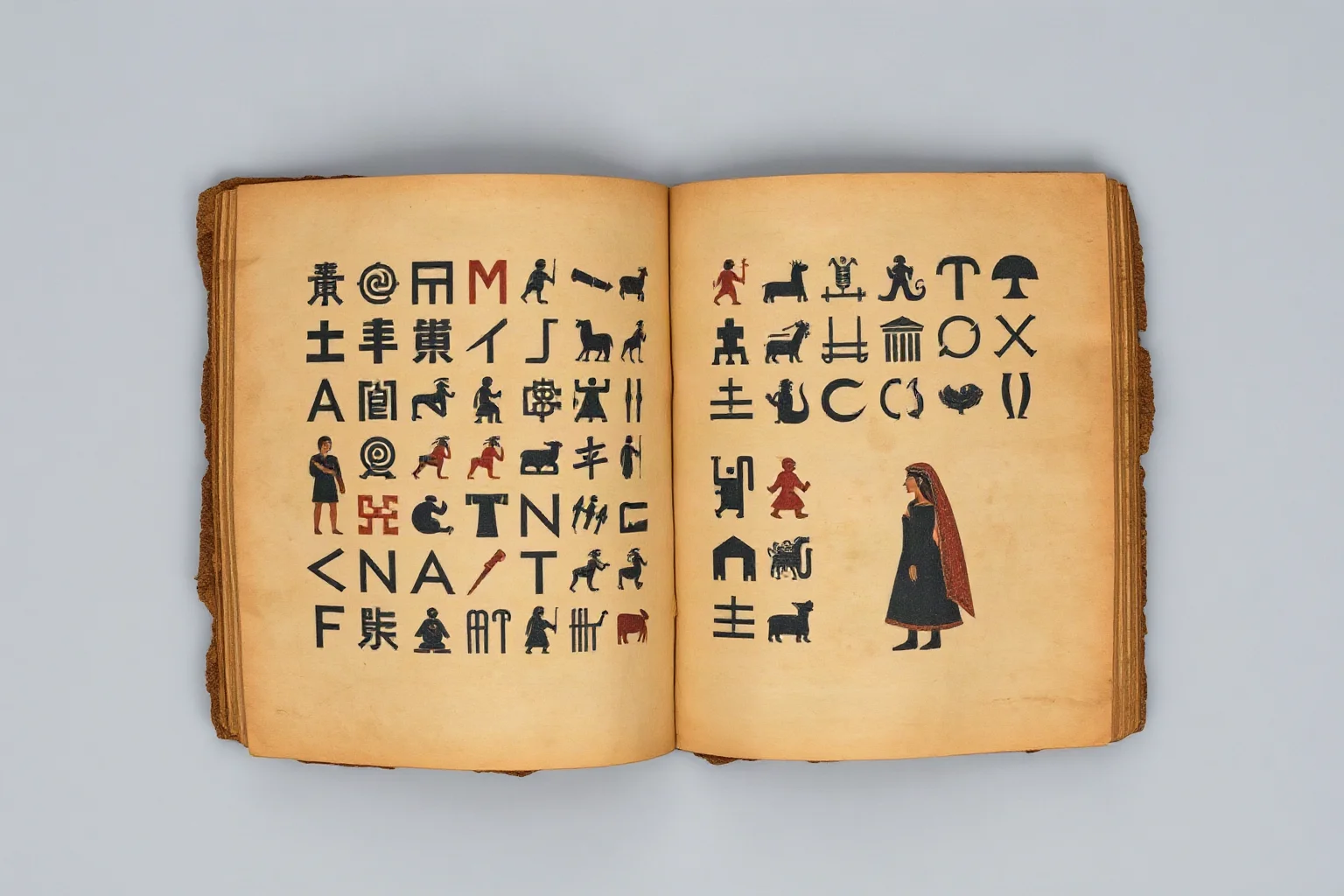 Open ancient folding bark-paper codex covered in painted glyphs and figures