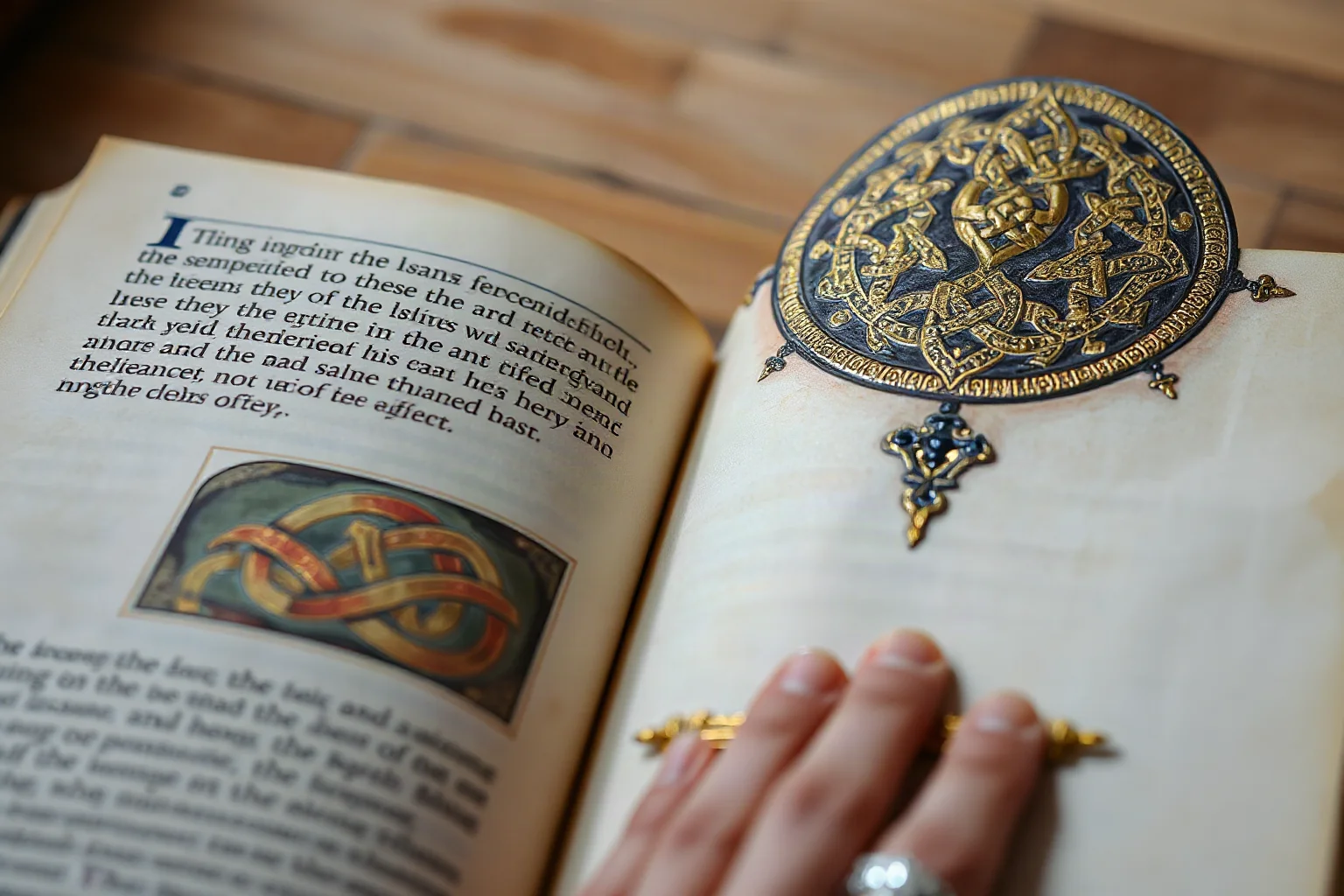 Open illuminated medieval manuscript page with intricate Celtic knotwork and gold leaf