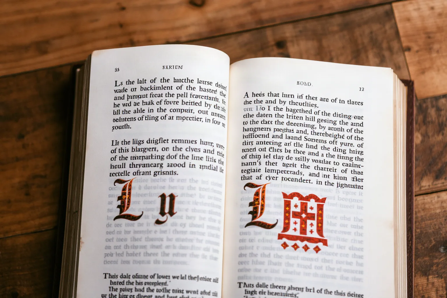 Open medieval printed Bible page with dense gothic type and decorative initials