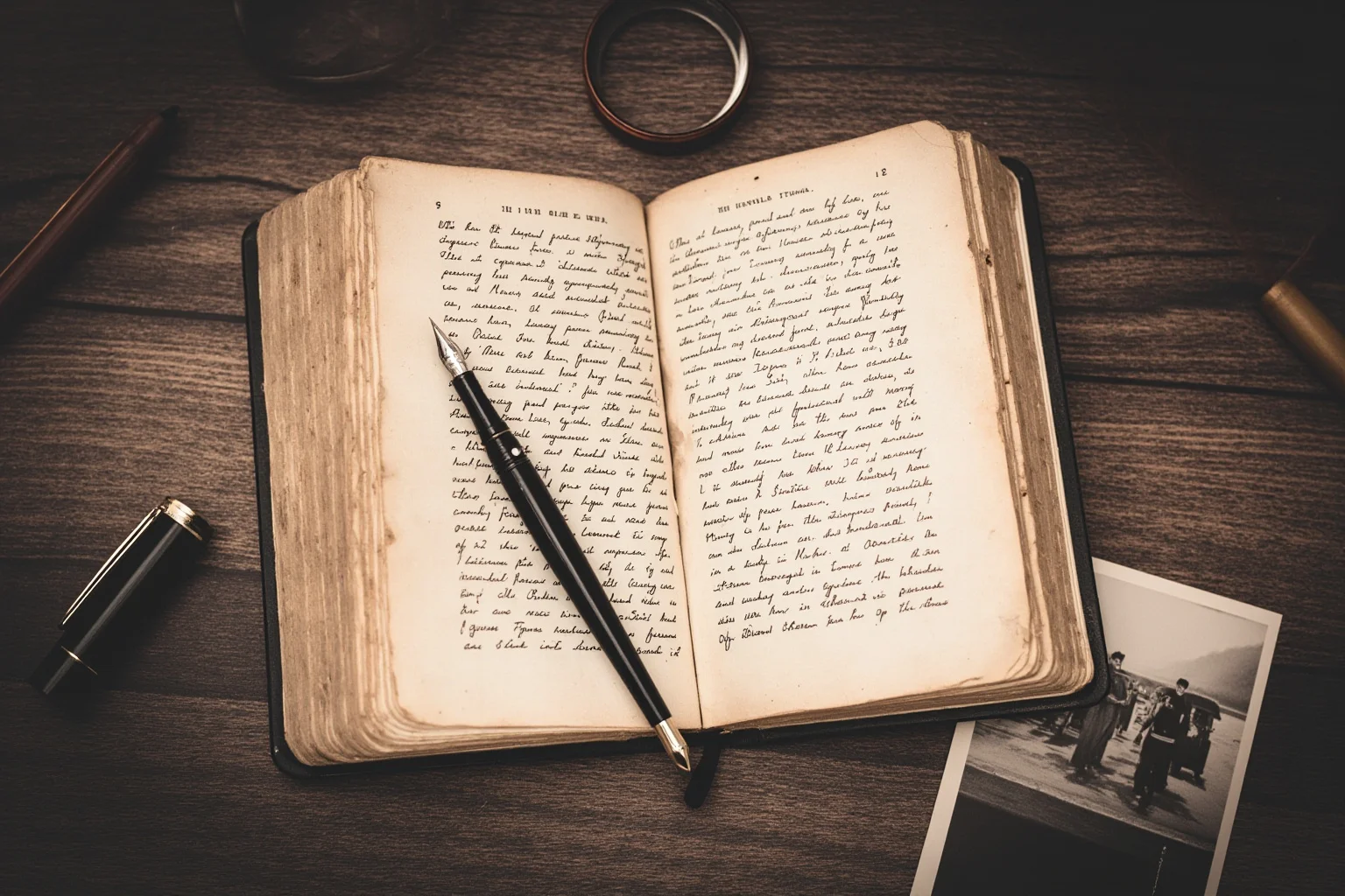 Best Nonfiction Books About WWI: The 25 Best WWI and WWII Reads 6 Open vintage memoir book beside a fountain pen and faded black-and-white trench photo