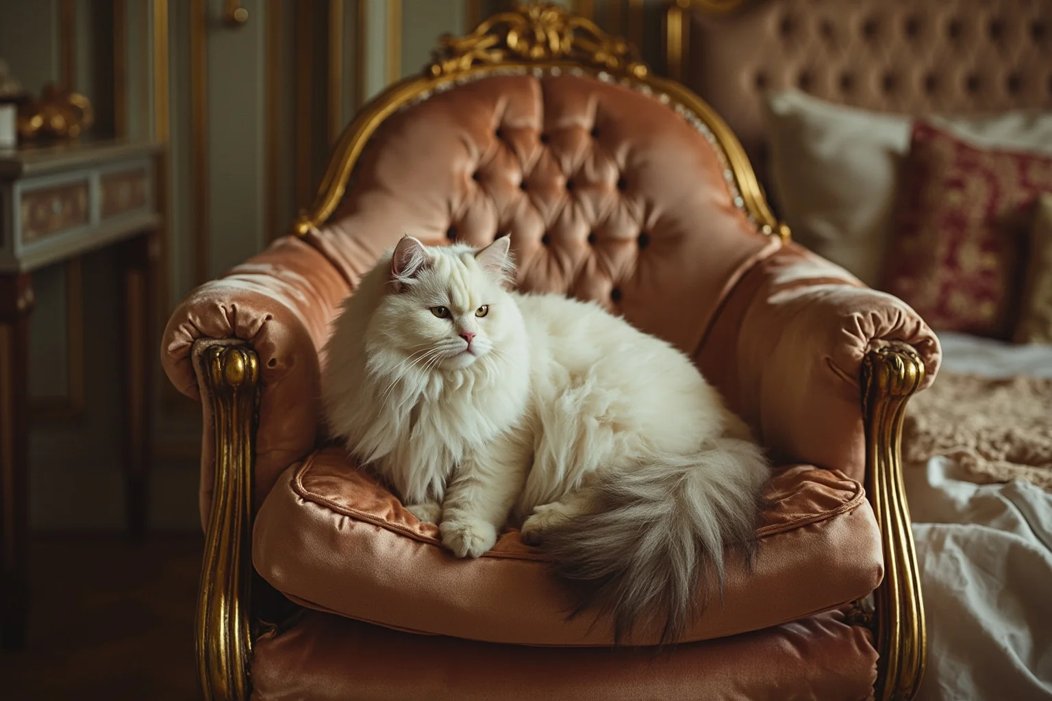 Opulent 18th-century French palace bedroom with a fluffy long-haired white cat on a silk cushion