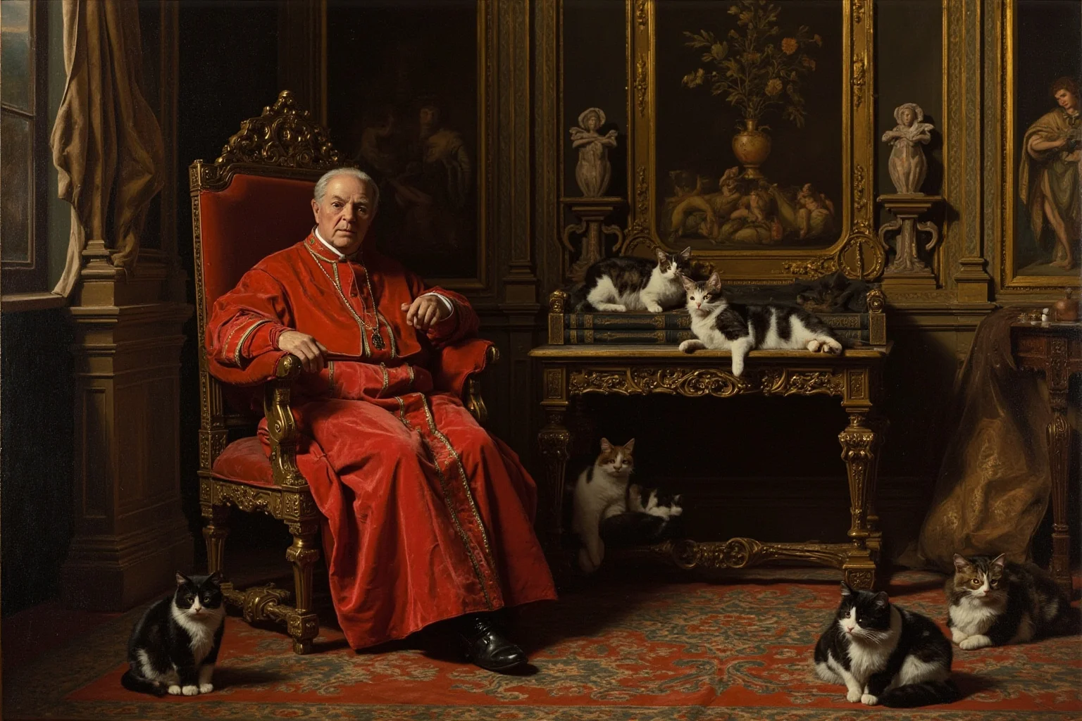 Ornate 17th-century French study with an elegant cardinal's red robes draped over a chair and several cats lounging nearby