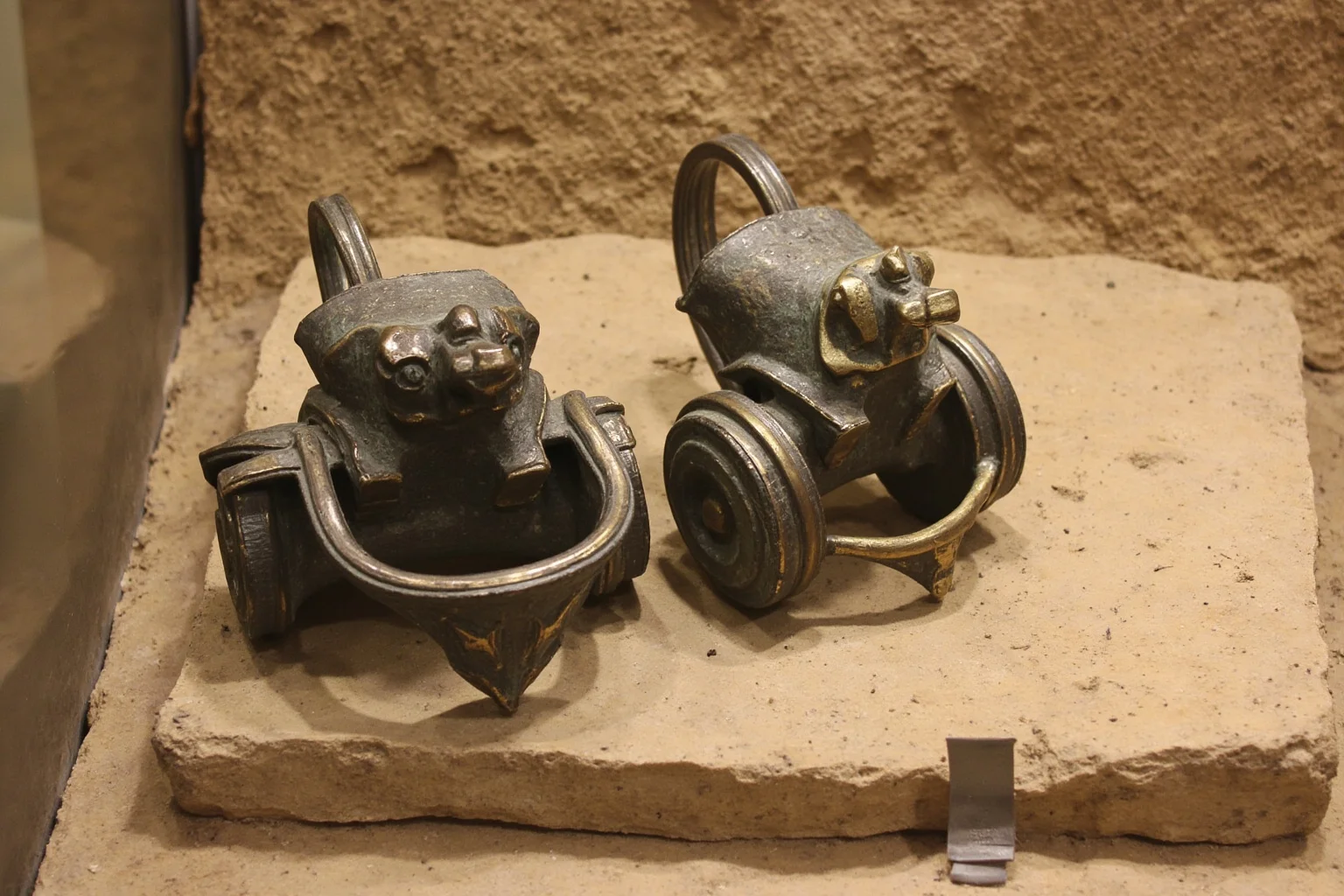 Ornate bronze chariot fittings and gold ingots from an excavated tomb chamber