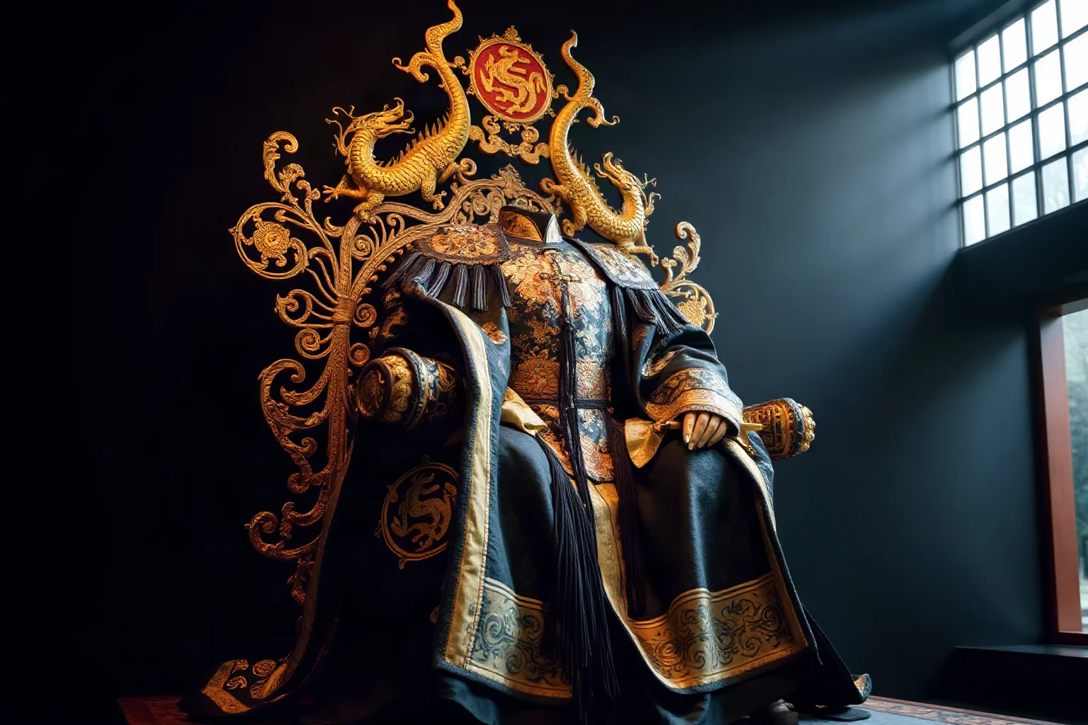 Ornate Chinese imperial robe and throne decorated with golden dragon symbols, Shang dynasty inspired art