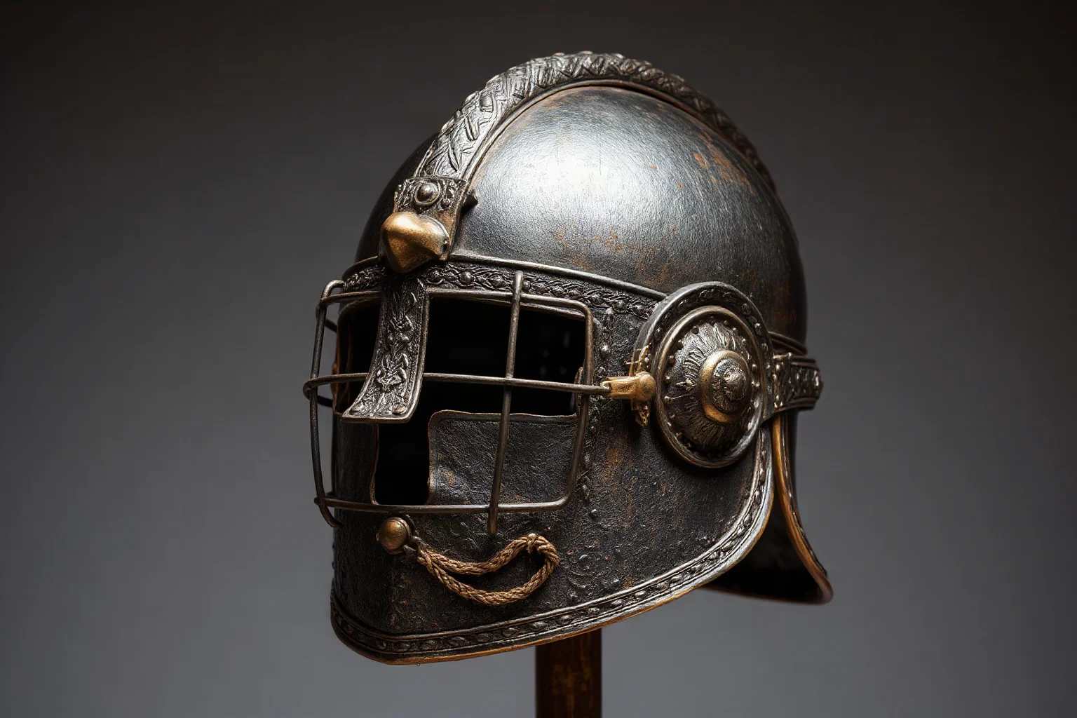 Ornate iron and bronze ceremonial helmet with decorative face guard, Anglo-Saxon style