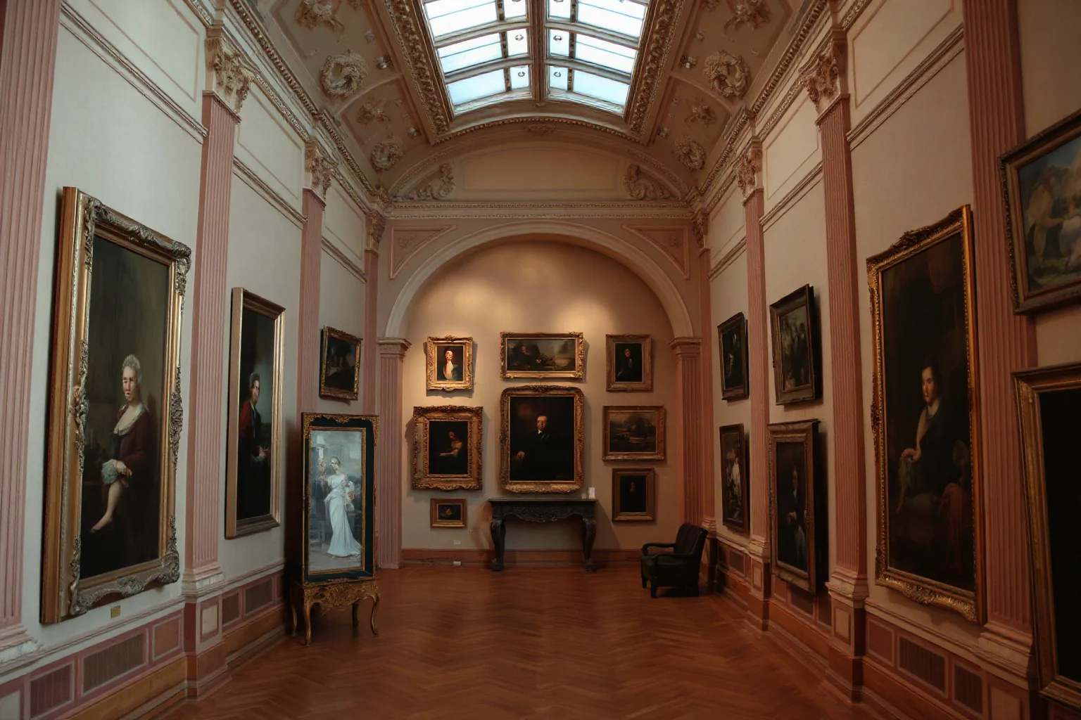 Ornate museum halls with empty picture frames still hanging on the walls, illustrating an evacuated art collection