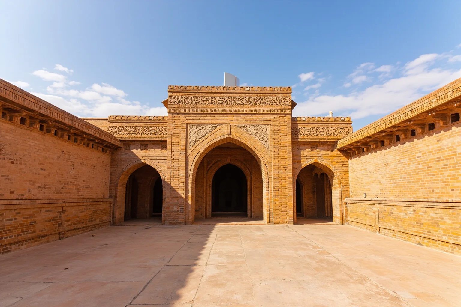 Ornate Persian caravanserai with twin courtyards, intricate brickwork, and carved stucco archways under a desert sky