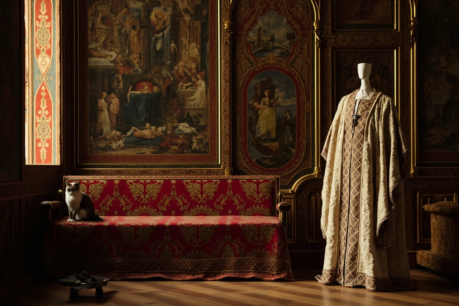 Ornate Vatican-style room with rich tapestries and a small cat perched near flowing ceremonial robes
