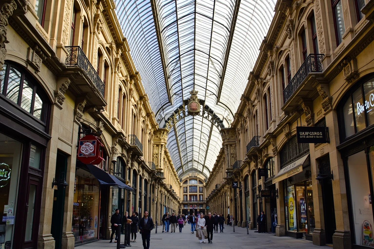 Ornate Victorian glass-roofed arcade of Leadenhall Market in London lined with small traditional shopfronts