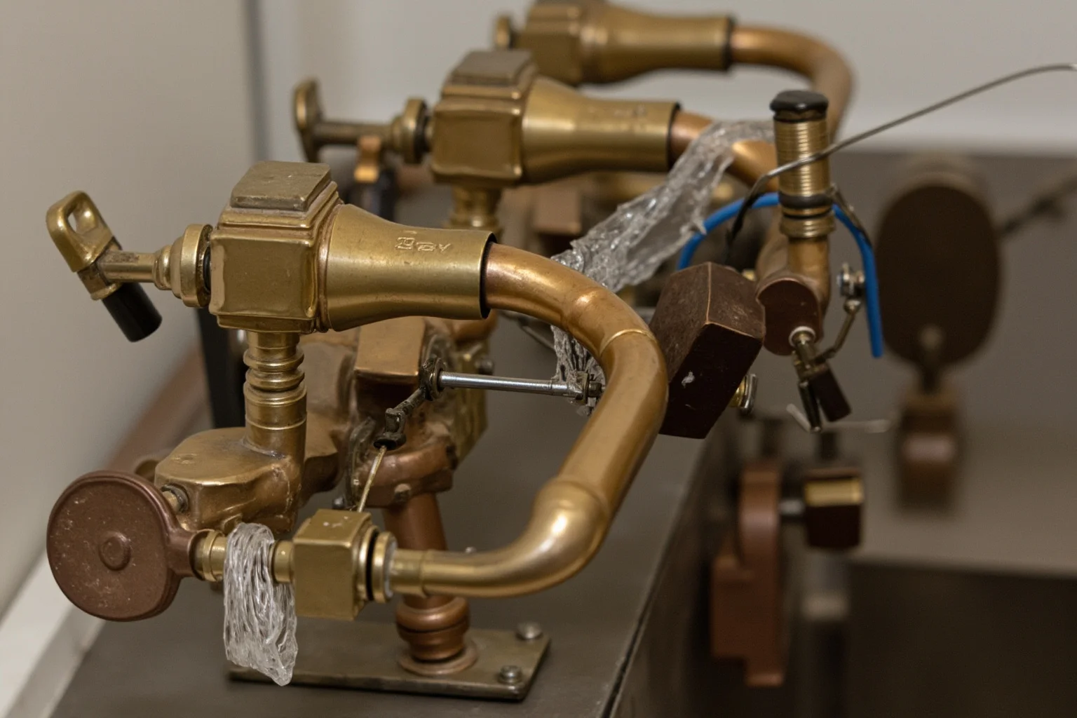 Ornate vintage mechanical dishwasher with brass pipes and water pressure components