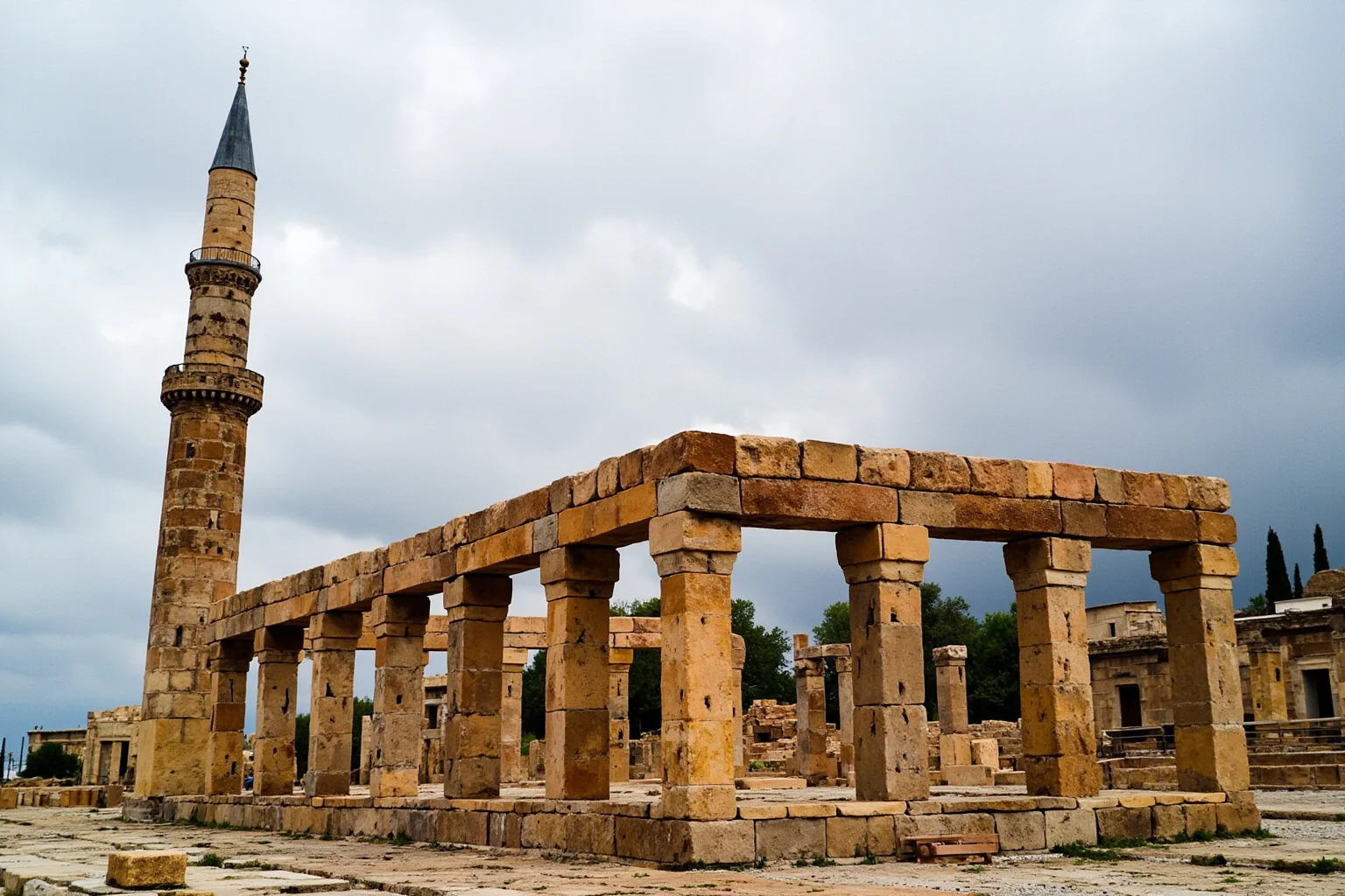 Ottoman-era minaret rising beside the columns of an ancient marble temple repurposed as a mosque