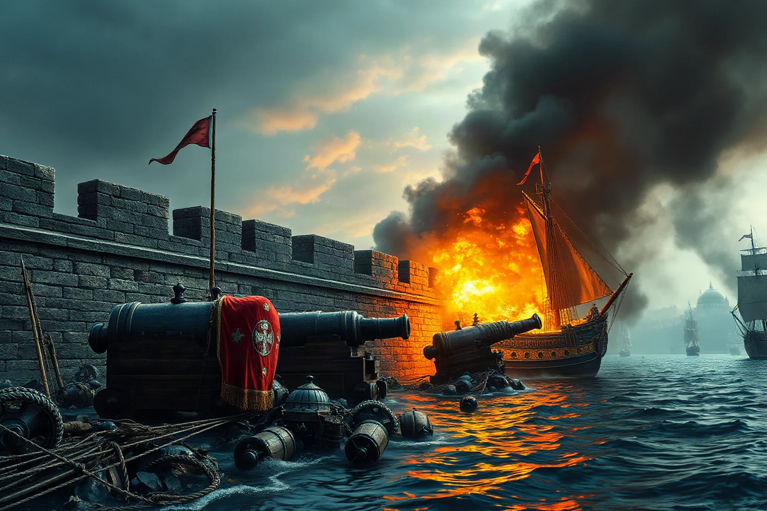 Ottoman siege cannons and ships attacking the massive stone walls of Constantinople, fire and smoke from bombardment