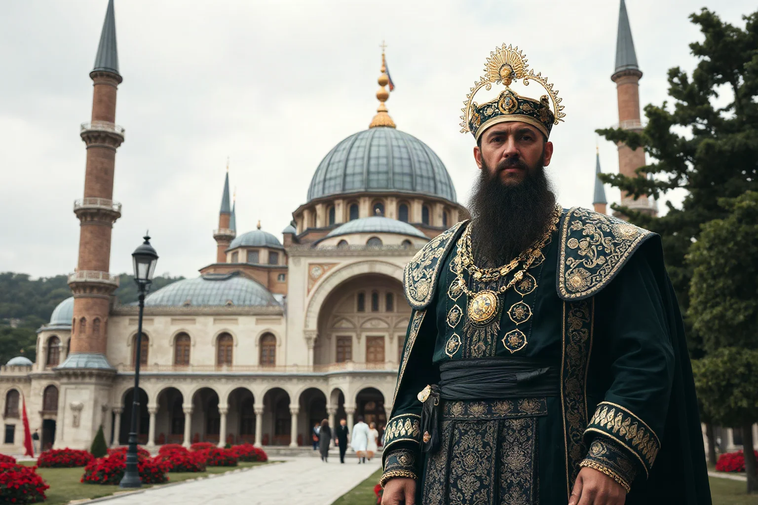 Ottoman sultan in elaborate royal attire standing before a grand domed palace