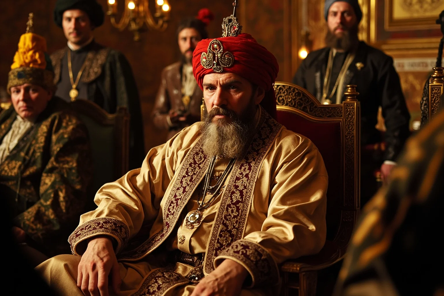 Ottoman sultan in magnificent silk robes seated in an ornate palace hall surrounded by attendants