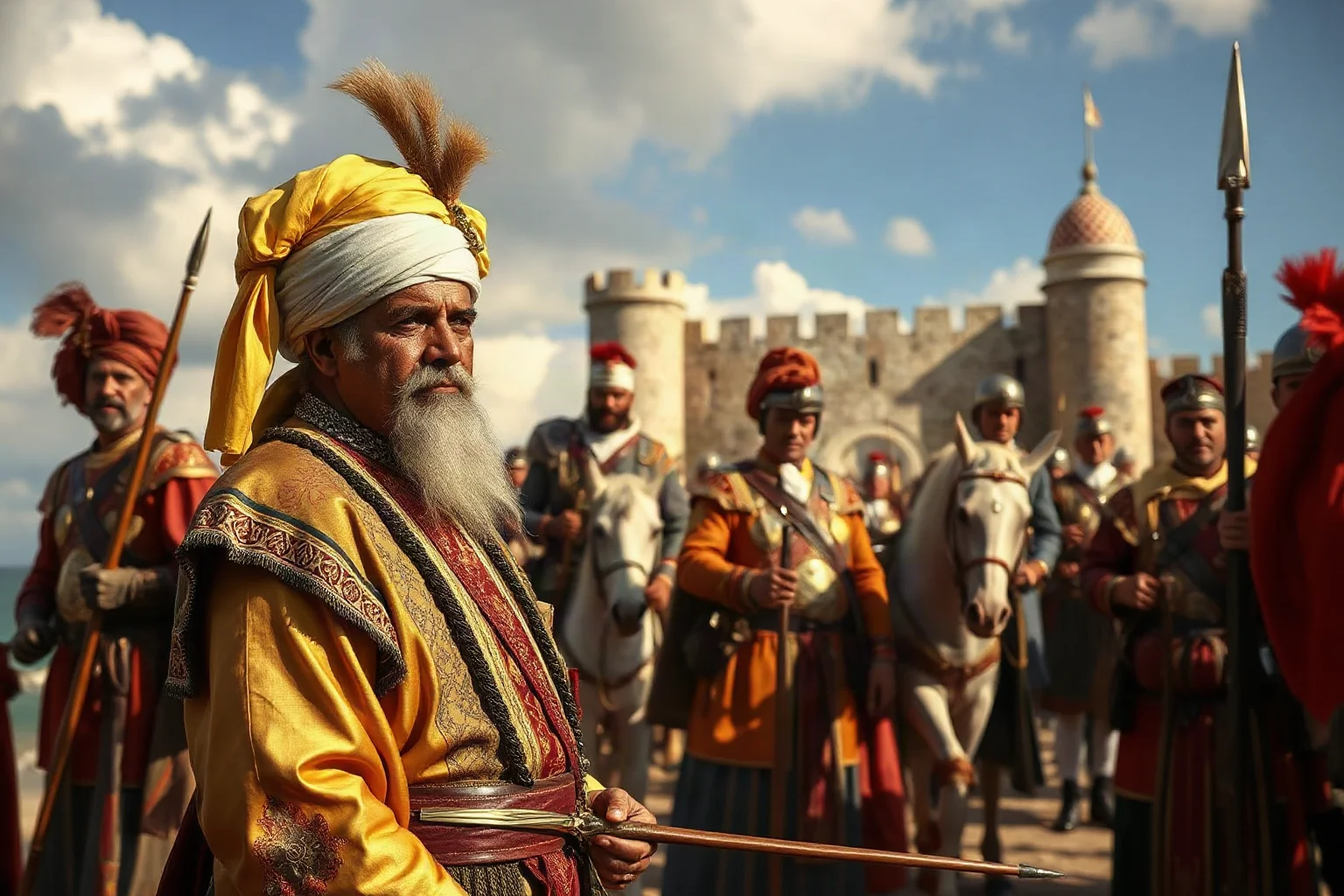 Ottoman sultan in ornate silk robes and turban reviewing troops before a Mediterranean fortress, illustrative historical style