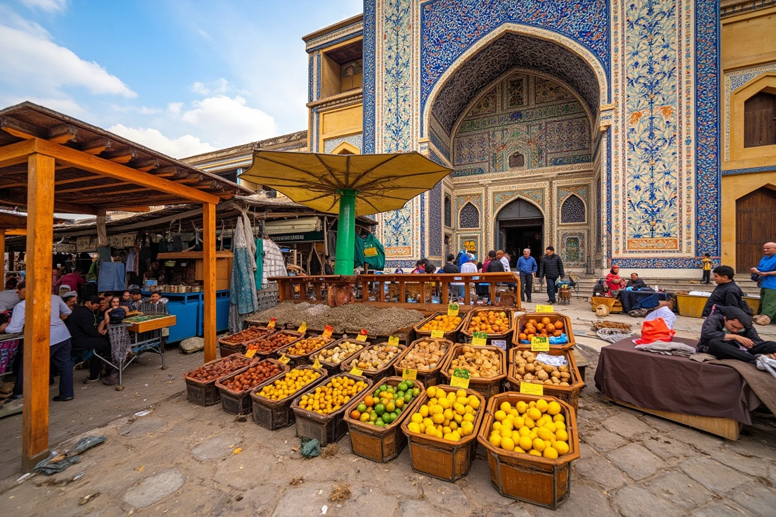 Outdoor bazaar in Samarkand with fruit, bread, and spice stalls set against blue-tiled Islamic architecture in the background