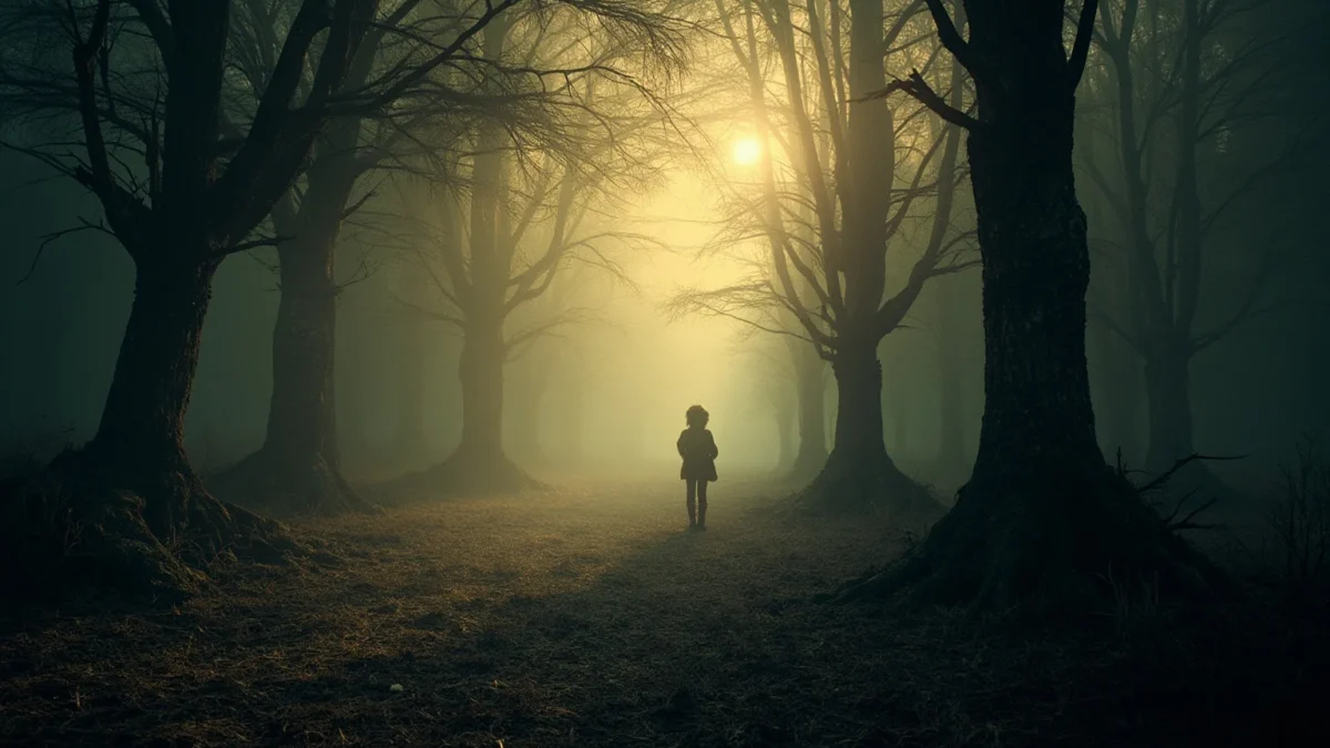 A haunting forest clearing at dawn suggesting a lone wild child's hiding place, no people visible, 19th-century France atmosphere